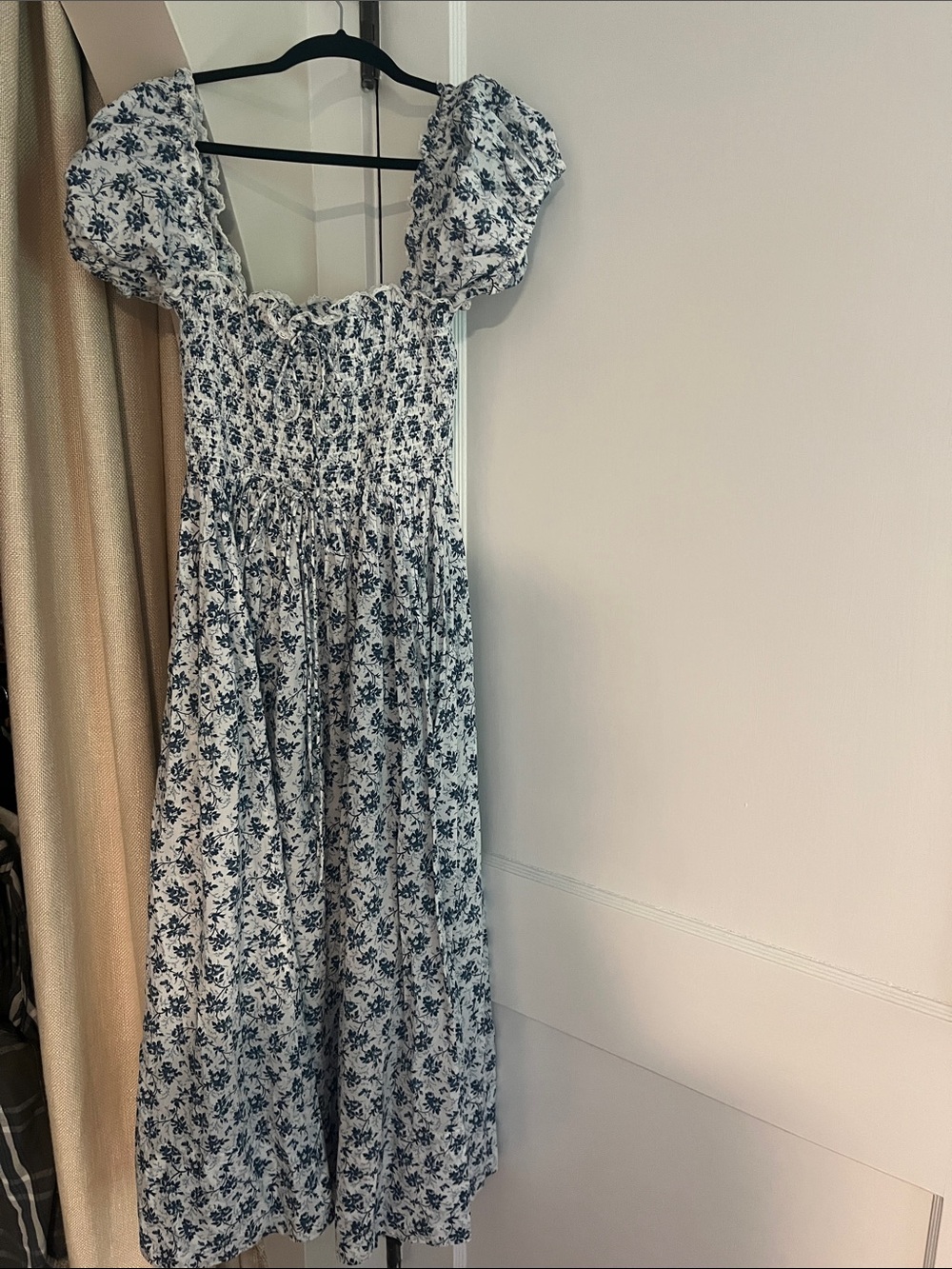 Doen Blue Floral Smocked Midi with Puff Sleeves
